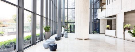 modern office lobby area with large windows - commercial cleaning business