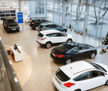 photo overlooking clean car dealership floor